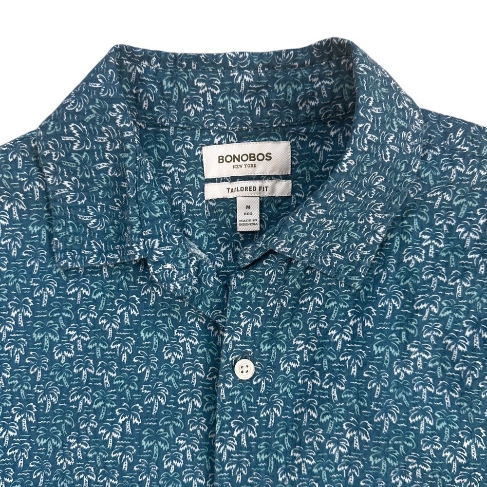 Bonobos Tailored Fit Palm Tree Print Shirt Mens Medium Teal Blue Cotton B7616